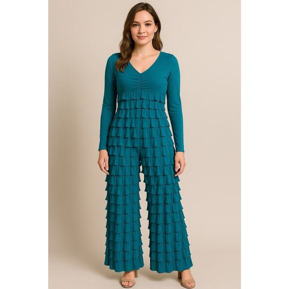 Isle by Melis Kozan Turquoise Jumpsuit tiered ruffled party flapper disco sz S - Picture 1 of 11